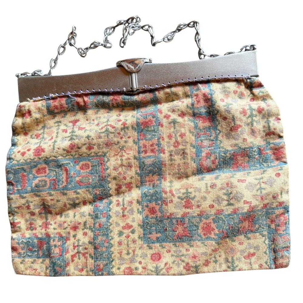 Vintage Tapestry Floral Evening Bag Silver Frame Chain Handle Muted Multi Color